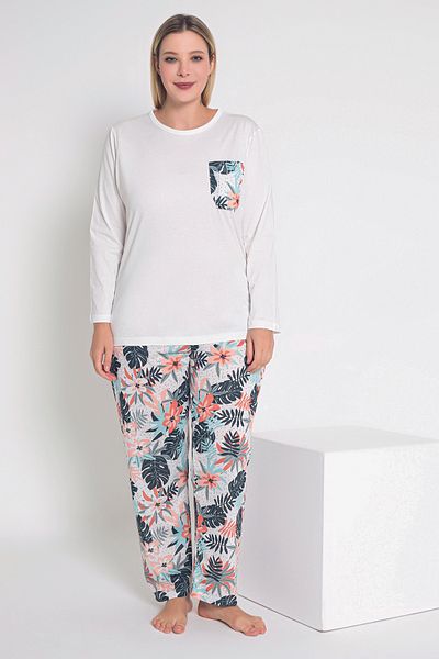 MyBen Ecru Floral Patterned Women's Pajama Set - Long Sleeve B-47