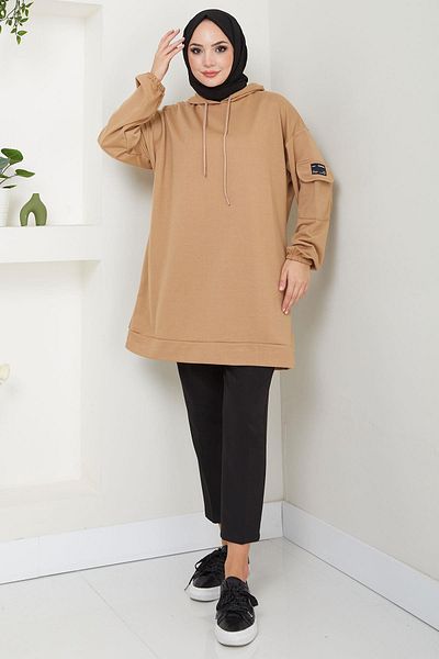hafsamina Camel Colored Hooded Sweatshirt Tunic - Pocket Detailed Hm2582