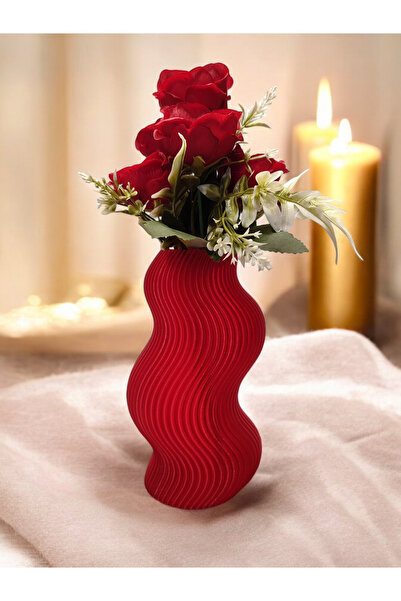 Maflen Dalgalı Çizgili İskandinav Tarz Özel Tasarım Dekoratif Vazo Biyoplastik Transparan Kırmızı