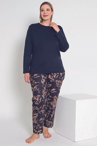 MyBen Navy Blue Floral Patterned Women's Pajama Set - Long Sleeve B-49