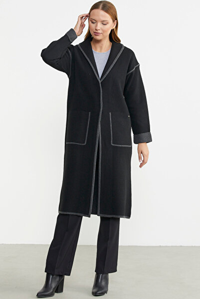 Sementa Shawl Collar Snap Fastener Long Knitwear Cardigan - Black - Dark Gray