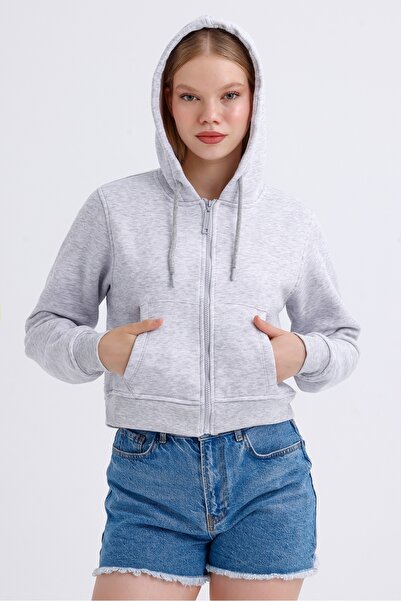 MD trend Women's Hooded Pocket Zipper Closure Fleece Inside Crop Sweatshirt
