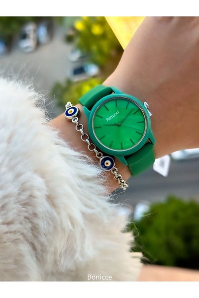 Ferrucci Green Coloured Brand Silicone Cord Women's Wrist Watch and Evil Eye Beaded Bracelet