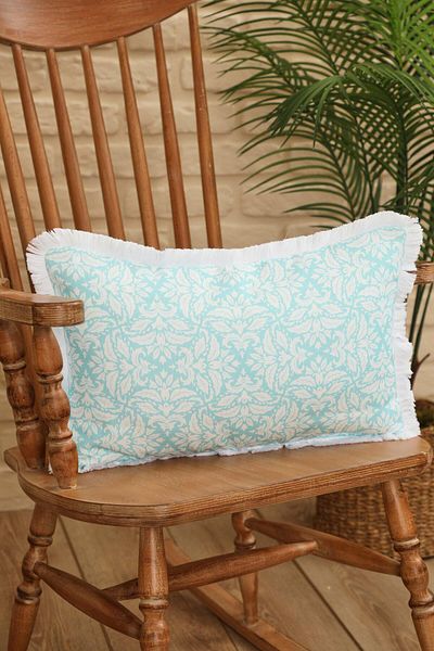 Aisha's Design Ocean Blue Motif Patterned Throw Pillow Cover - Fringed Edge, 50X30 Cm, K-405