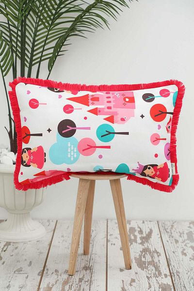 Aisha's Design Pink Princess Baby Themed Children's Throw Pillow Cover with Fringed Edges 50X30 Cm,K-405