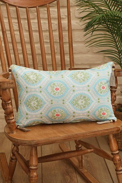 Aisha's Design Soft Blue Damla Damask Patterned Throw Pillow Cover - Tassel and Bead Detail, 50X30 Cm, K-404