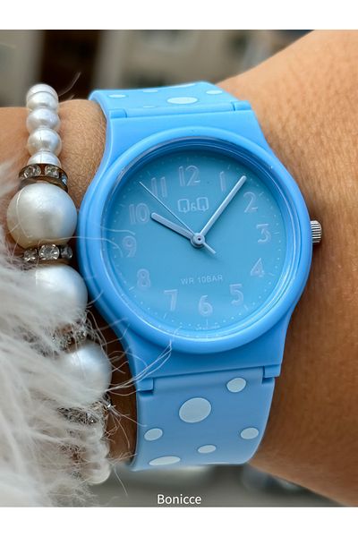 Q&Q 10 Bar Waterproof Polka Dot Women's Wristwatch with Blue Silicone Cord - Suitable for Pool and Sea