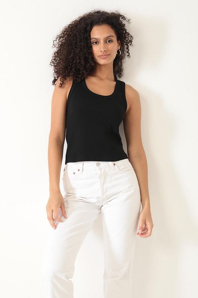 AMİDA Black Corded Crop Tank Top - Thick Strap, Basic Model - 2403