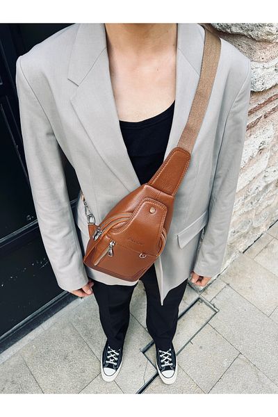 DERKON Tan Colored Genuine Leather Posedo Model Bodybag - Shoulder and Chest Bag