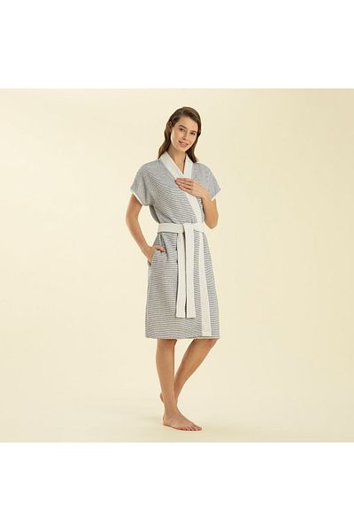 Chakra Longas Short Bathrobe ECRU/MARINE BLUE