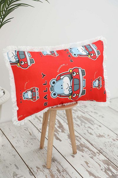 Aisha's Design Rally Themed Fringed Children's Throw Pillow Cover - 50X30 Cm, K-405