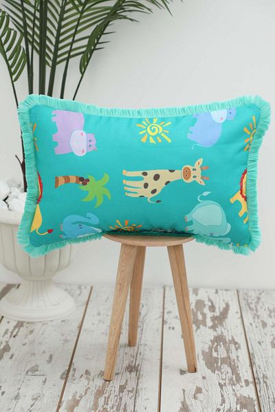 Aisha's Design Turquoise Animals Patterned - Fringed Edge Children's Throw Pillow Cover 50X30 Cm, K-405