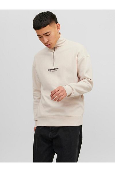 Jack & Jones Ανδρικό βαμβακερό φούτερ Jack&Jones με φερμουάρ μπεζ 12241777
