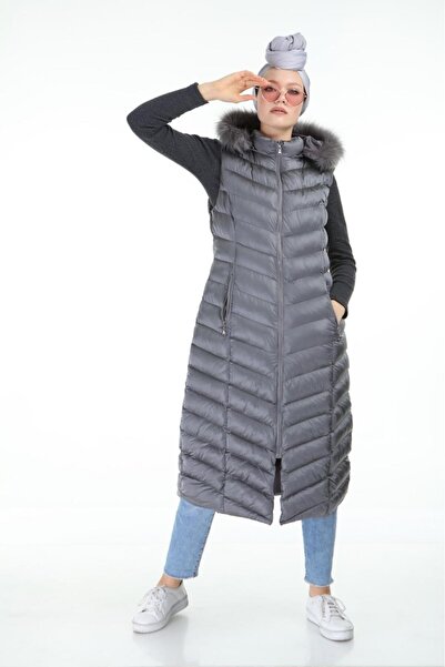 HARMAN BUTİK Women's Pocketed Hooded Puffy Vest with Zipper
