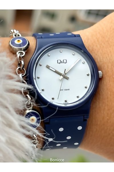 Q&Q 10 Bar Waterproof Navy Blue Silicone Cord - Polka Dot Women's Wristwatch Bracelet
