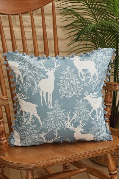 Aisha's Design New Year's Patterned Gray Throw Pillow Cover - Pompom Edges, Deer Backdrop, 45X45 cm - K-401