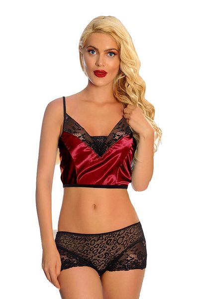 BESKAR Set babydoll din dantela din satin burgundy cu pantaloni scurți 288