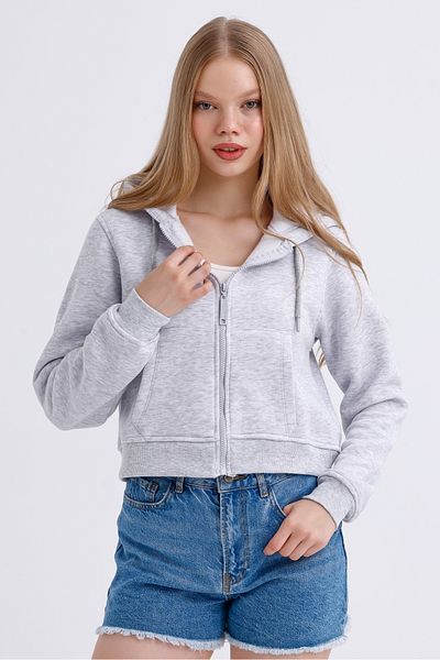 MD trend Hanorac crop pentru femei, cu glugă, buzunar, închidere cu fermoar, fleece în interior
