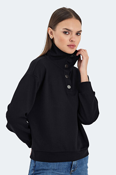 Slazenger Vidal Oversize Women's Stand Collar Oversize Black Sweatshirt