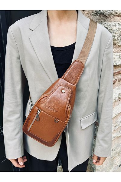 DERKON Tan Colored Genuine Leather Posedo Model Bodybag - Shoulder and Chest Bag