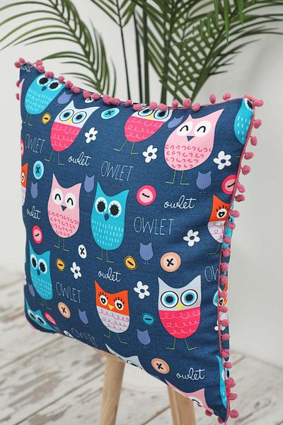 Aisha's Design Navy Blue Owl Patterned Children's Pillow Case with Pompom - 45X45 Cm, K-401