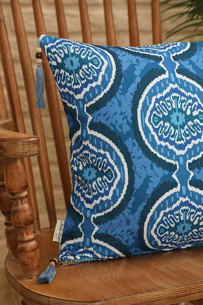 Aisha's Design Blue Ikat Medallion Patterned Throw Pillow Cover - Tassel and Bead Detail, 45X45 Cm, K-406