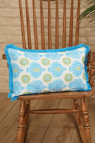 Aisha's Design Ocean Blue Damask Patterned Fringed Throw Pillow Cover 50X30 cm - K-405