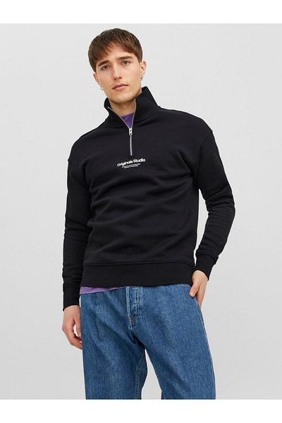 Jack & Jones Hanorac negru din bumbac pentru bărbați cu fermoar Jack&Jones 12241777