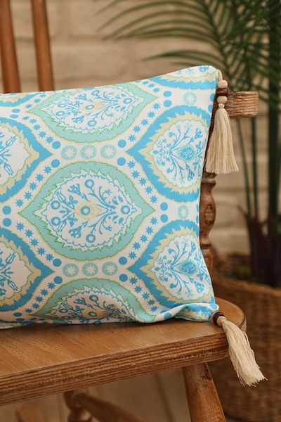 Aisha's Design Ocean Blue Drop Damask Patterned Throw Pillow Cover - Tassel and Bead Detail, 50X30 Cm, K-404