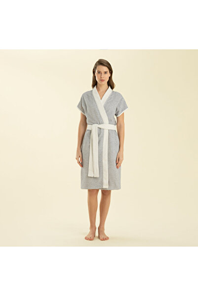 Chakra Longas Short Bathrobe ECRU/MARINE BLUE