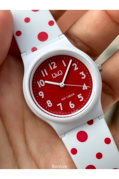 Q&Q 10Bar Waterproof Red Siliconeband Polka Dot Boy's and Girl's Wristwatch