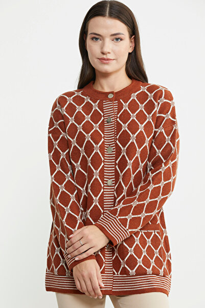 Sementa Brick Colored Double Patterned Baklava Knitwear Jacket