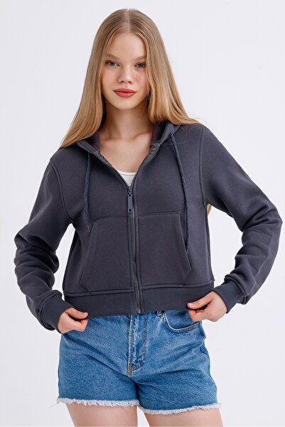 MD trend Women's Hooded Pocket Zipper Closure Fleece Inside Crop Sweatshirt