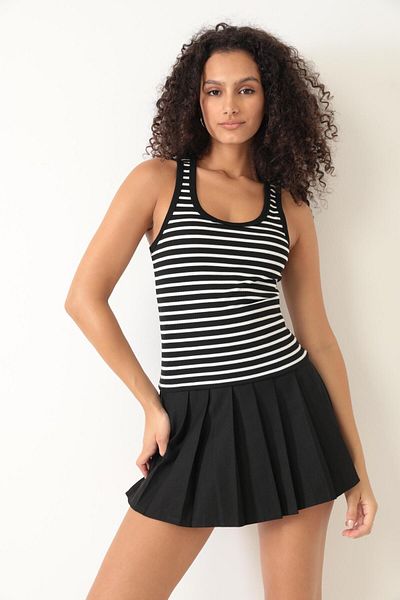 AMİDA White Striped Corded Women's Crop Tank Top - Thick Strap Basic Model 2403