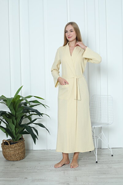 ERDENİZ TEKSTİL Kadın Sabahlık Pamuklu - Jakarlı Şal Yaka - Sarı/Yeşil