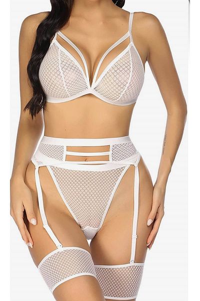 BESKAR Λευκό Fancy Fishnet Garter Suit 1038