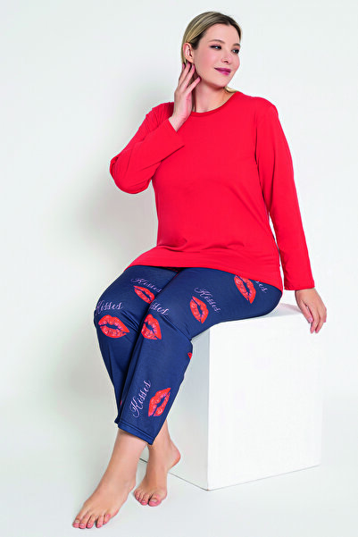 MyBen Kadın Kırmızı Renkli Kisses Ve Dudak Baskılı Uzun Kollu Pijama Takımı B-50