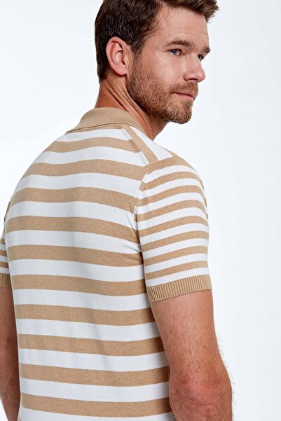Hemington Zipper Detailed Beige Striped Pure Cotton Knitwear Polo