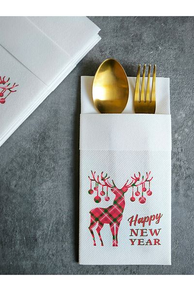 NapkinStore Deer Happy New Year Printed Airlaid Fabric Napkin Pocket 12 Pieces 40*40 1/8 Fold - White