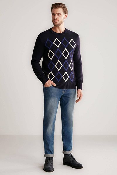 Hemington Diamond Patterned Lambswool Navy Blue Sweater