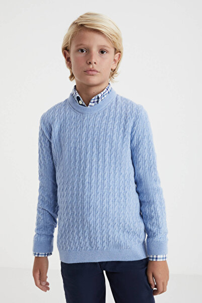 Hemington Saç Örgü Desenli Lambswool Buz Mavisi Çocuk Kazak