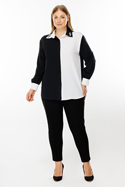 Moda İlgi Modailgi  Yakası Taş İşlemeli Gömlek Siyah/Ekru