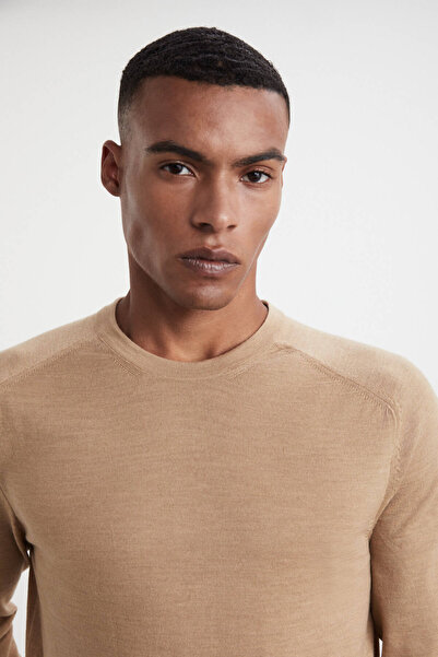 Hemington Slim Fit Bisiklet Yaka Camel Merino Yün Triko