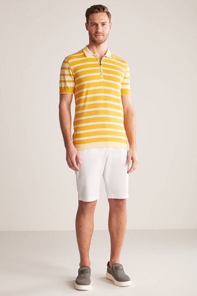 Hemington Zipper Detailed Stripe Pattern Yellow Knitwear Polo