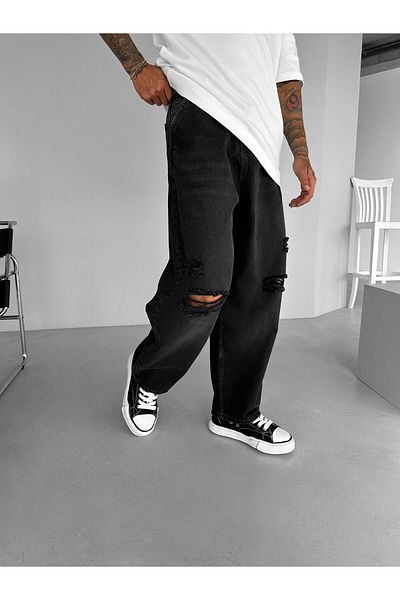 ablukaonline Blugi negri Super Baggy Fit pentru bărbați - Distressed