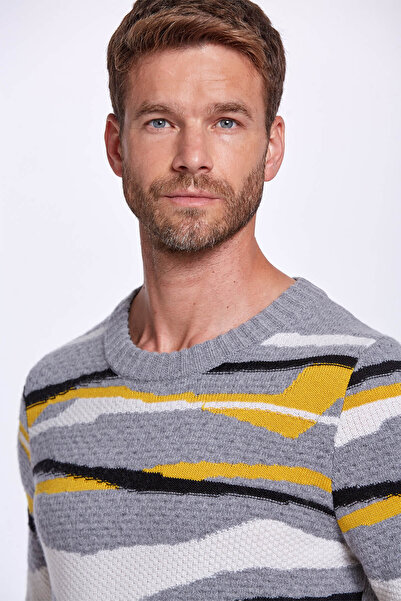 Hemington Çizgi Desen Gri Kaşmir Yün Karışım Kazak