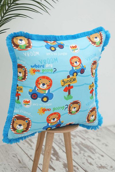 Aisha's Design Driver Themed Children's Throw Pillow Cover with Fringed Edges 45X45 Cm,K-407