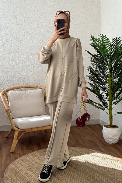 Salih Çelebi 2181 Asymmetrical Detailed Double Set - Stone Color