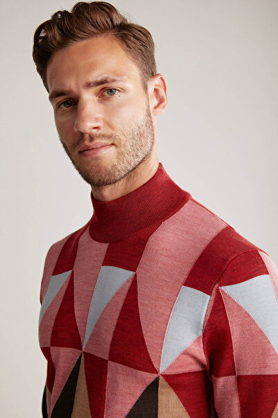 Hemington Patterned Brown-Pink Half Turtleneck Merino Wool Sweater