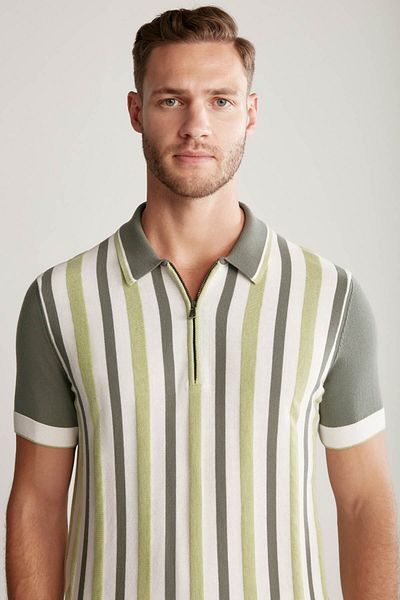 Hemington Zipper Detailed Stripe Pattern Green Knitwear Polo